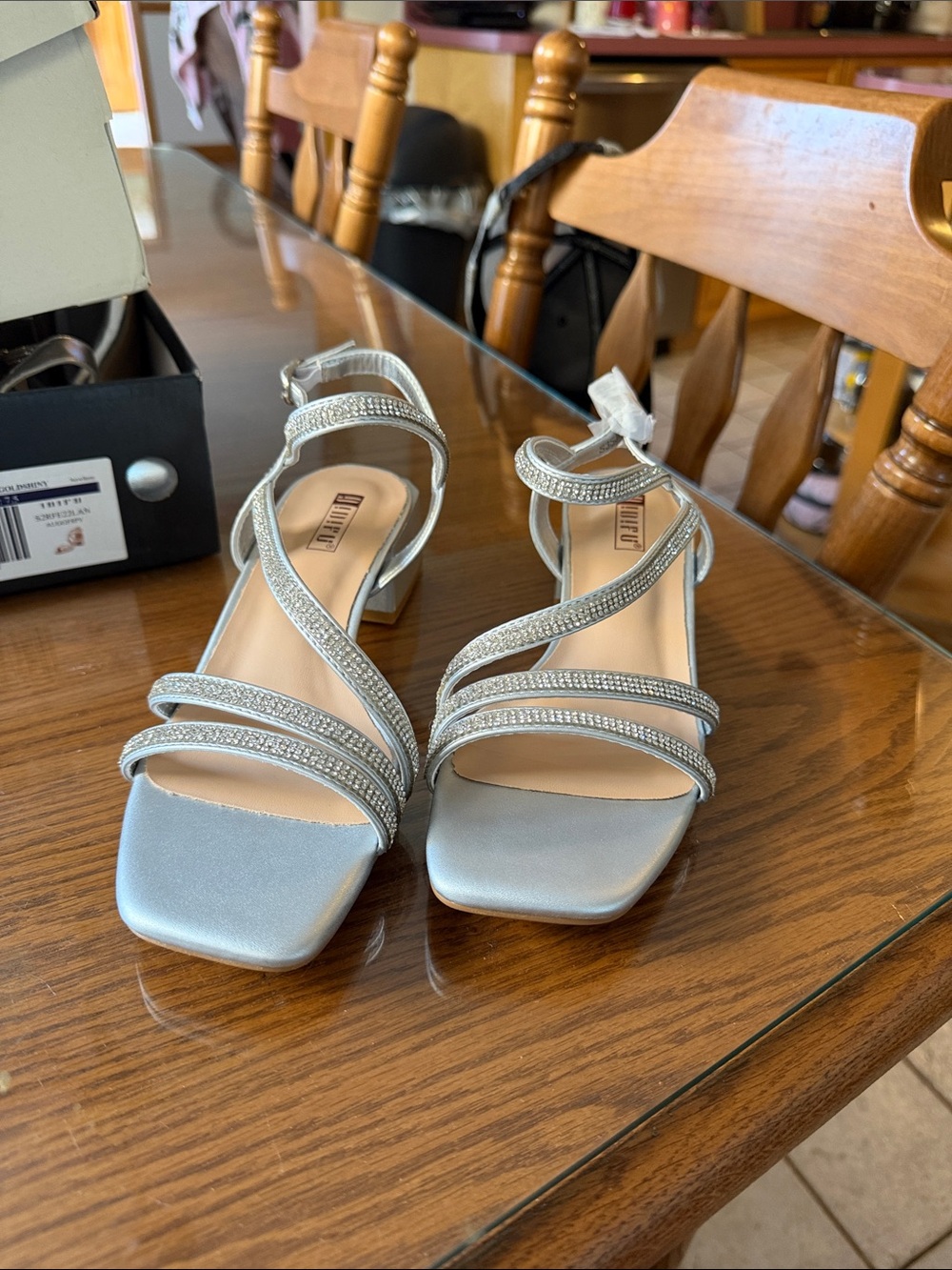 Silver Strappy Rhinestone Block Heel Sandals - Women